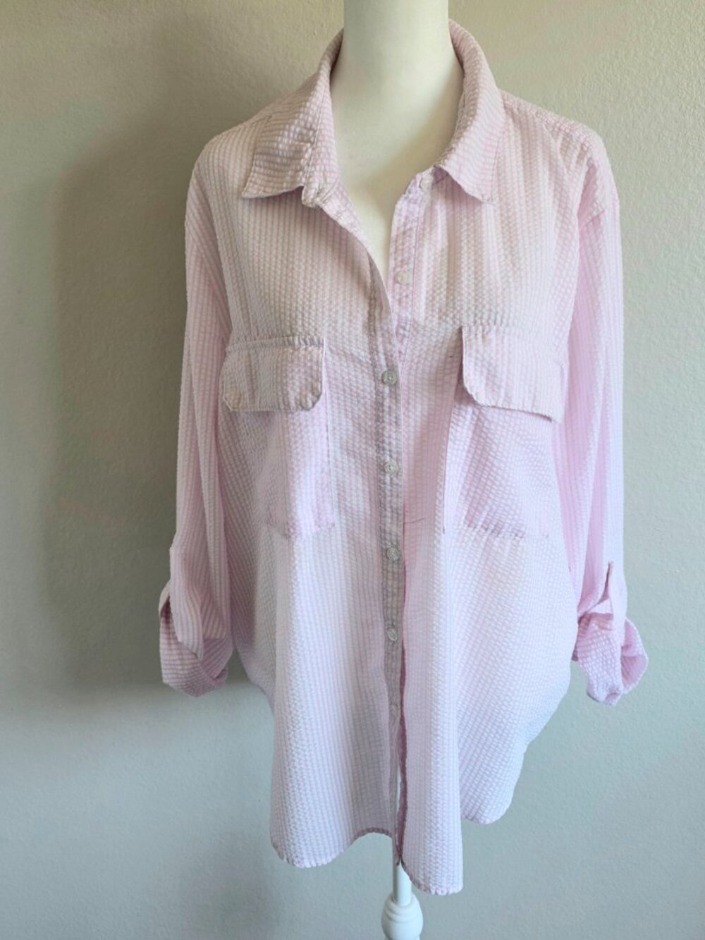 Casa Cabana Shirt Women XXL Pink White Stripe Seersucker Roll Tab Sleeve Coastal - Picture 1 of 8